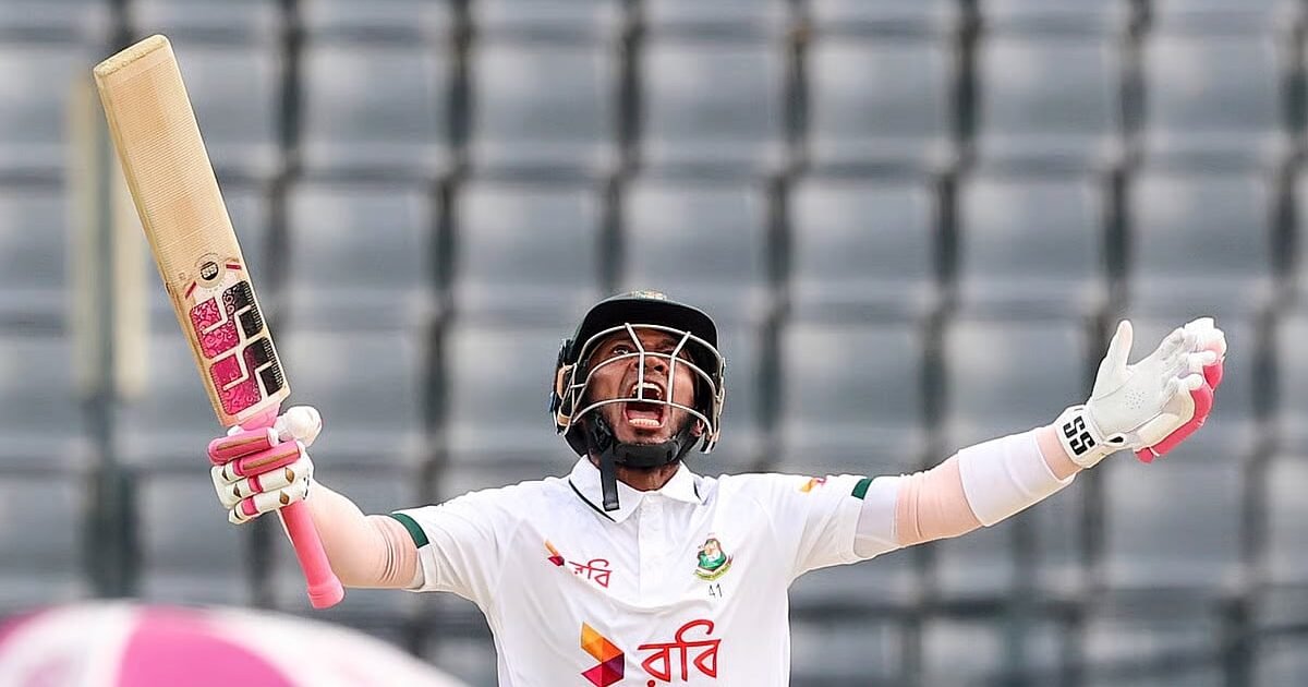 Bangladesh batter Mushfiqur Rahim celebrating in Test whites