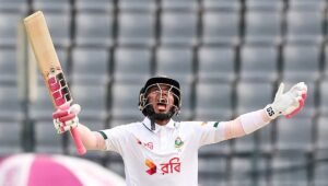 Bangladesh batter Mushfiqur Rahim celebrating in Test whites