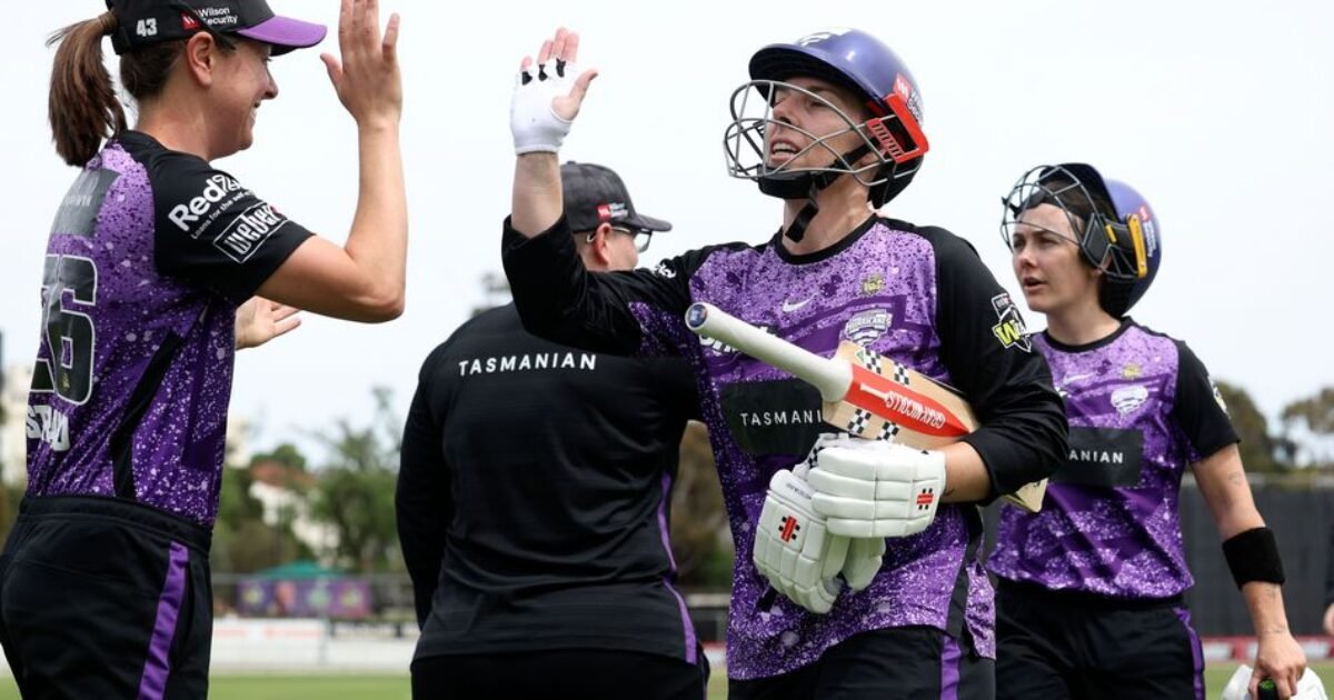 Hobart Hurricanes women players celebrating in purple WBBL kit