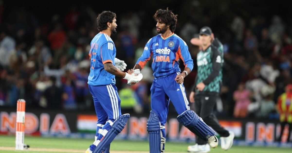 Tilak Varma and Nitish Kumar Reddy celebrate India's four-wicket win over New Zealand in the second T20I at Hagley Oval, Christchurch