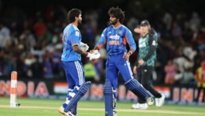 Tilak Varma and Nitish Kumar Reddy celebrate India's four-wicket win over New Zealand in the second T20I at Hagley Oval, Christchurch