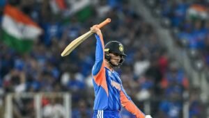 Abhishek Sharma batting for India in a T20I match