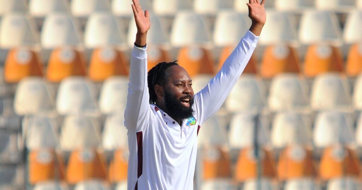 Jomel Warrican celebrating a wicket for West Indies in a Test match