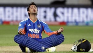 Abhishek Sharma celebrates his century in Wellington