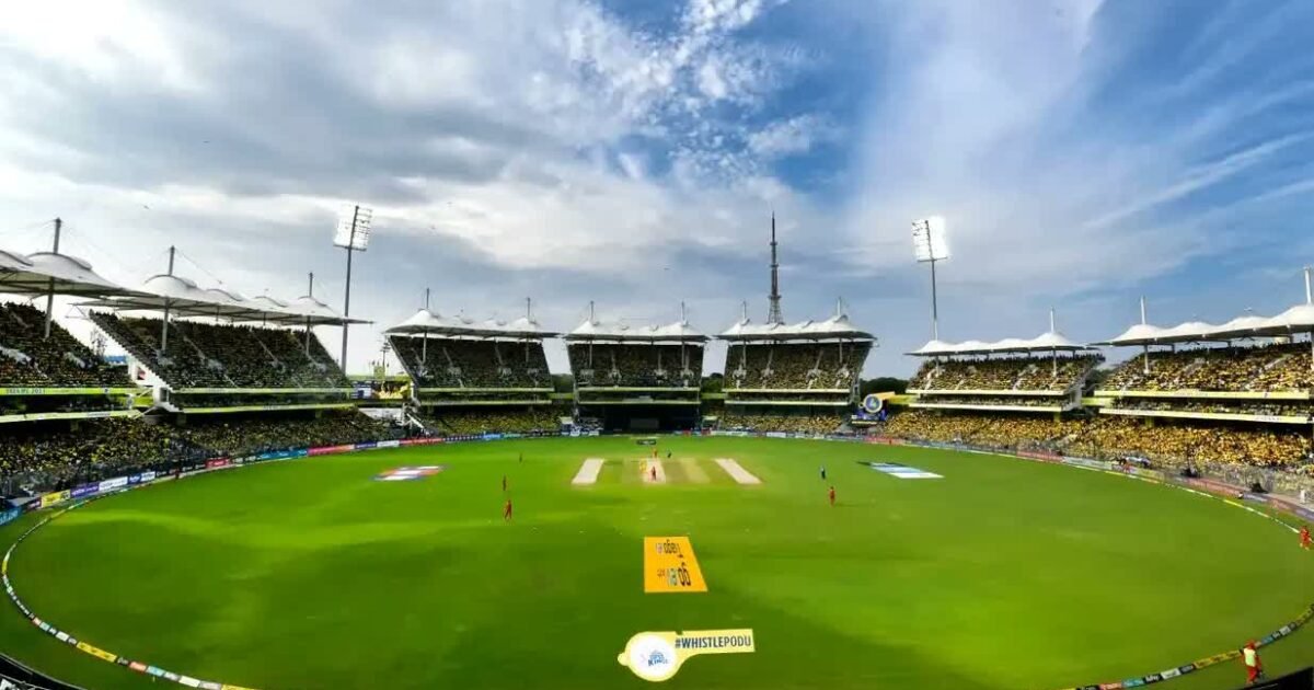 MA Chidambaram Stadium in Chennai under lights during a cricket match