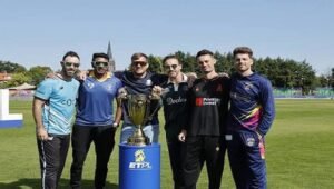 European T20 Premier League trophy with team captains
