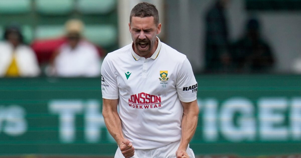 South Africa fast bowler Anrich Nortje celebrating a wicket in Test whites