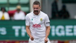 South Africa fast bowler Anrich Nortje celebrating a wicket in Test whites