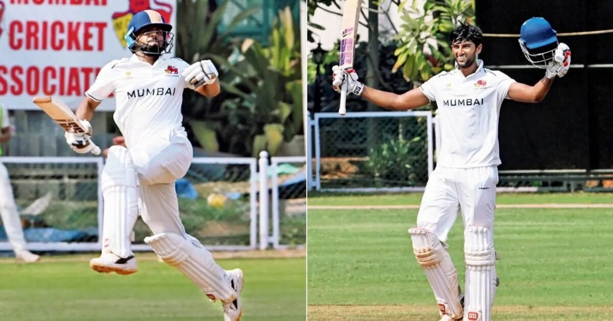 Mumbai batters Musheer Khan and Angkrish Raghuvanshi celebrating their centuries against Haryana